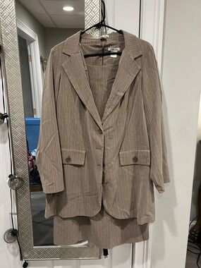 Taupe Pinstripe Blazer and Skirt Set